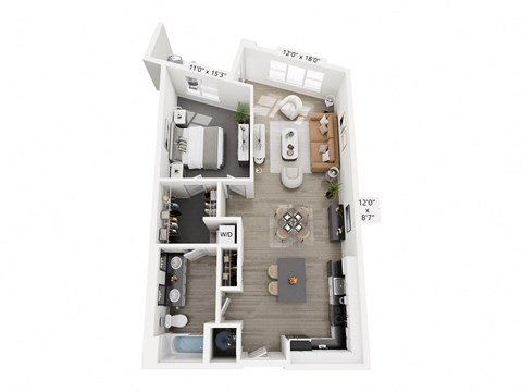 The Monochrome floor plan at Contrast OTR in Cincinnati’s Over-the-Rhine is a spacious one-bedroom with dual-sink vanity, walk-in closet, open living, and in-unit laundry—ideal for vibrant downtown living
